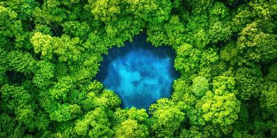 Top view of a blue pool in the middle of a green forest photo