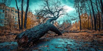 A fallen tree in the middle of a forest photo