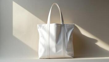 Minimalist white canvas tote bag, studio photography, soft lighting, neutral background, clean design, eco-friendly, reusable shopping bag, simple elegance, monochromatic, textured fabric, durable han photo
