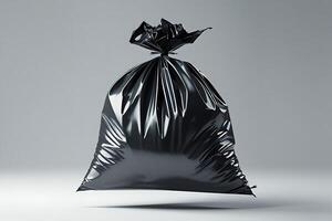 Black garbage bag, floating, tied, shiny plastic, dramatic lighting, high contrast, studio photography, minimalist background, waste management, environmental concept, sharp detail, stock image, isola photo