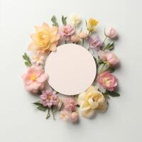 Flowers are arranged in a circle with a white center photo