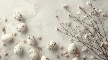 Brightly colored Easter eggs and vibrant flowers displayed on a white surface photo