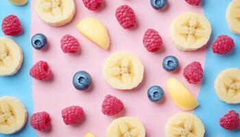 Tropical banana slice, raspberry and blueberry pattern seamless with pink background photo