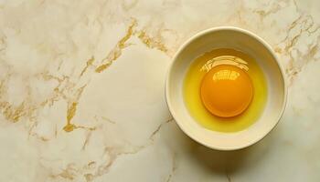 Egg yolk un cook for prepare cooking on bowl in ceramic table photo