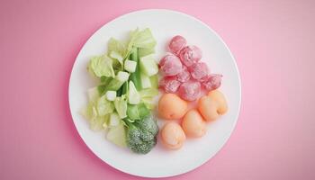 Vegetable broccoli, tomato, carrot slices, on white plate on winter for real food healthy lifestyle photo