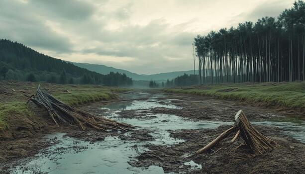 River running through in forest with wooden and soil photo