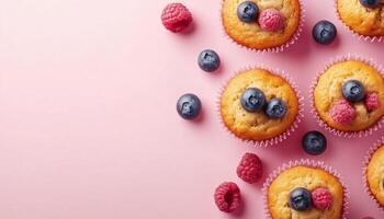 Sweet muffin cake cup with blueberry and raspberry fruit topping photo