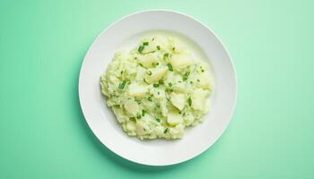 Mashed potato with parsley on white plate for healthy real food in blue background photo