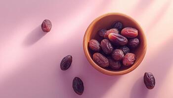 Dates fruit fresh organic on wooden bowl, flat lay copy space background and pink background photo