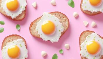 Loaf bread slice and egg yolk seamless pattern flat lay view pink background photo