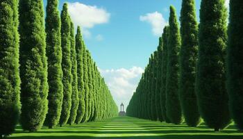 Line pathway arranged towering green pine in side with blue sky photo