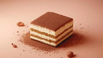 Tiramisu layer cake with chocolate powder topping in restaurant menu dessert pink background photo