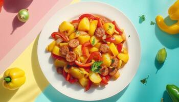 Potato with sausage slice, onion and pepper for dinner on white plate photo