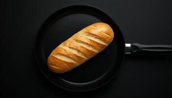 Bread cake baked on black grill pan flat lay view for breakfast dark background photo