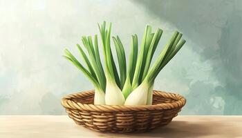 Leeks organic fresh vegetable on wooden rattan in table photo