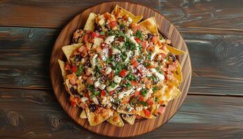 Nachos on wooden plate simple crisp snack for teatime flat lay view photo