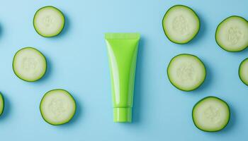 Blank green tube mockup with natural cucumber slice extract cream photo