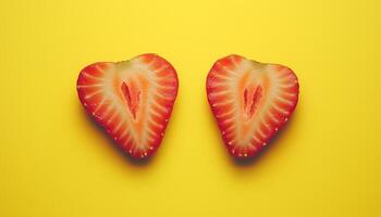 Strawberry red fruit fresh organic real snack food on yellow solid background photo