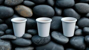 Coffee drink on blank white eco paper cup with grey stones background photo