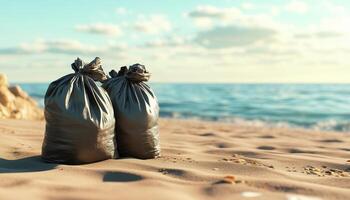 Black plastic trash bags on beach for still clean and minimalist pollution photo