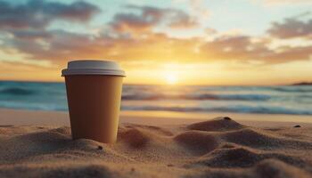 Paper cup disposable brand brown color mockup container on sand beach with sunset sky photo
