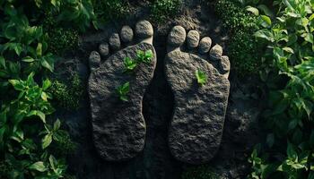 Carbon footprint on soil and leaves plant flat lay view for nature conservation theme photo
