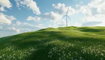 Wind turbine on hill mountain with fresh grass and blue sky photo