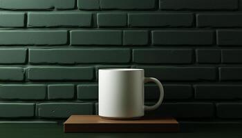 White ceramic mug on wooden display with black matte brick wall background photo