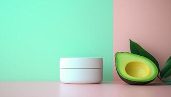 Avocado matte jar cream container for skincare routine with blue background photo