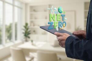 Concept of Net Zero with Tablets and Sustainable Elements in Room photo