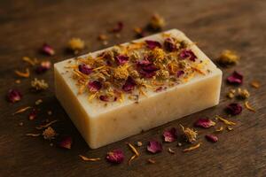 Artisanal Flower Soap with Petals on Wooden Surface for Relaxation photo