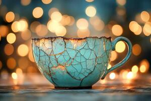 A cracked teacup on a table with lights behind it photo