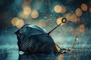 An umbrella is sitting in the rain with lights in the background photo