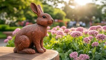 A brown rabbit statue sitting on a wooden bench photo