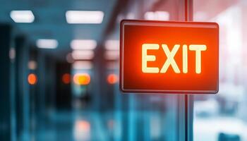 A red exit sign is shown in an office hallway photo