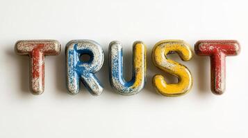 Multicolored, Weathered Painted Letters Spelling Concept Trust Typography On White Background photo