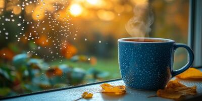 a steaming cup of coffee on a windowsill, with dew covered glass and soft morning light in the background, blank right side for text photo