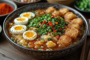 a rare Burmese mohinga, a fish-based noodle soup garnished with boiled eggs, crispy fritters, and herbs, served in a handcrafted bowl with vibrant spices on the side photo