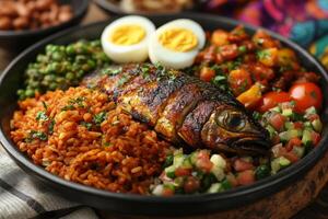 Ghanaian waakye , rice and beans, served with fried fish, boiled eggs photo