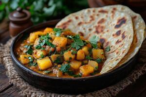 Kenyan chapati served with a hearty vegetable curry, garnished with fresh cilantro photo