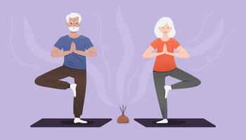 A senior couple practicing yoga together, demonstrating tree pose in relaxing atmosphere. vector