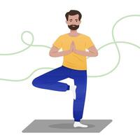 Man performs tree pose on a mat in a peaceful yoga space with light colors. vector