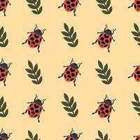 Ladybug and Leaf Seamless Pattern. This illustration showcases alternating red ladybugs and green leaves, ideal for textiles and decor. vector