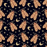 Moth and Moon Seamless Pattern Illustration. Moths with crescent moons and stars on a dark background. Ideal for fabric, wallpaper, or digital designs vector