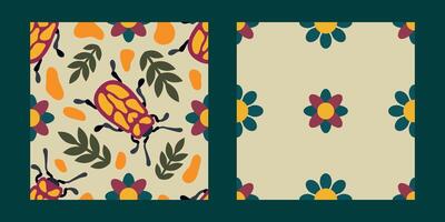 Colorful Beetle and Floral Seamless Pattern Set. The seamless design combines vibrant insects with stylized leaves and flowers for textile use vector