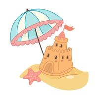 Beach scene with umbrella, sandcastle and starfish vector