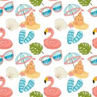 Seamless beach items pattern with umbrella, float, and shells vector