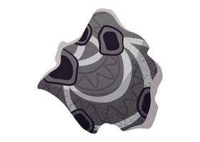 grey isolated cartoon illustration of broken mosaic tile fragment with geometric patterns. Ancient ceramic shard with decorative ornament in earthy colors. vector