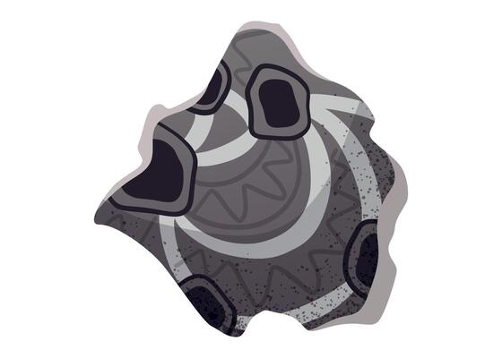 grey isolated cartoon illustration of broken mosaic tile fragment with geometric patterns. Ancient ceramic shard with decorative ornament in earthy colors.