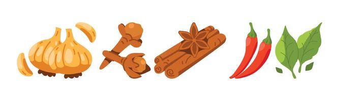 An array of spices and herbs used in cooking. Including garlic, cloves, cinnamon, star anise, red peppers, and fresh basil leaves. This composition suggests diverse culinary traditions and flavors. vector